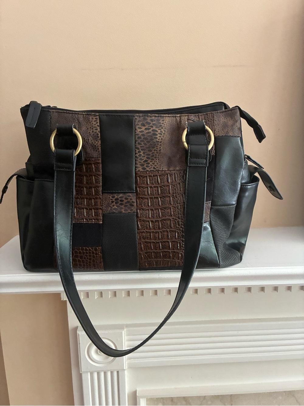 Brown and Black Patchwork Tote Bag, New.